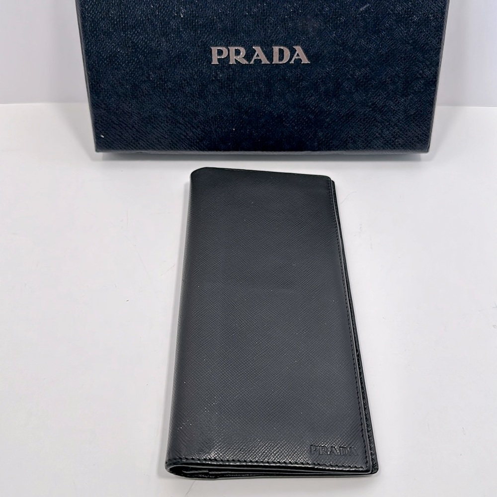 Authentic PRADA Men's Saffiano Leather Bi-Fold Long Wallet- Black